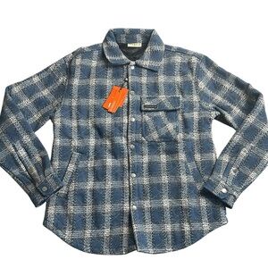 NWT YoungLA‎ Jacket Mens Small Blue Flannel Shacket Plaid Snap Button Streetwear